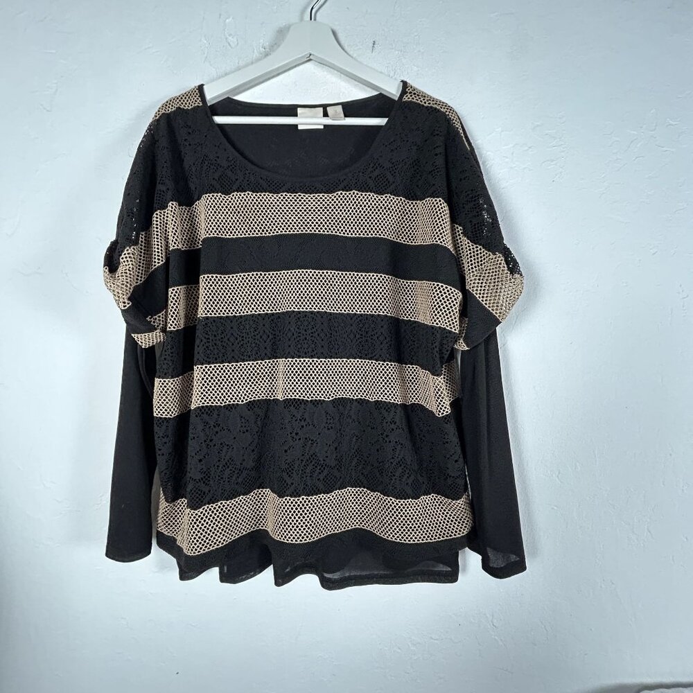 Chico's Womens Crochet Lace Stripe Long Sleeve Layered Look Top Size 3 Black Tan